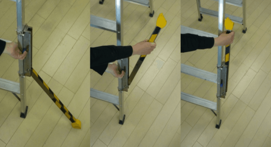 セーフティーライダーの収納手順を、使用姿勢から補助脚を本体側へ折りたたんで収めるまでの3段階で示した写真。