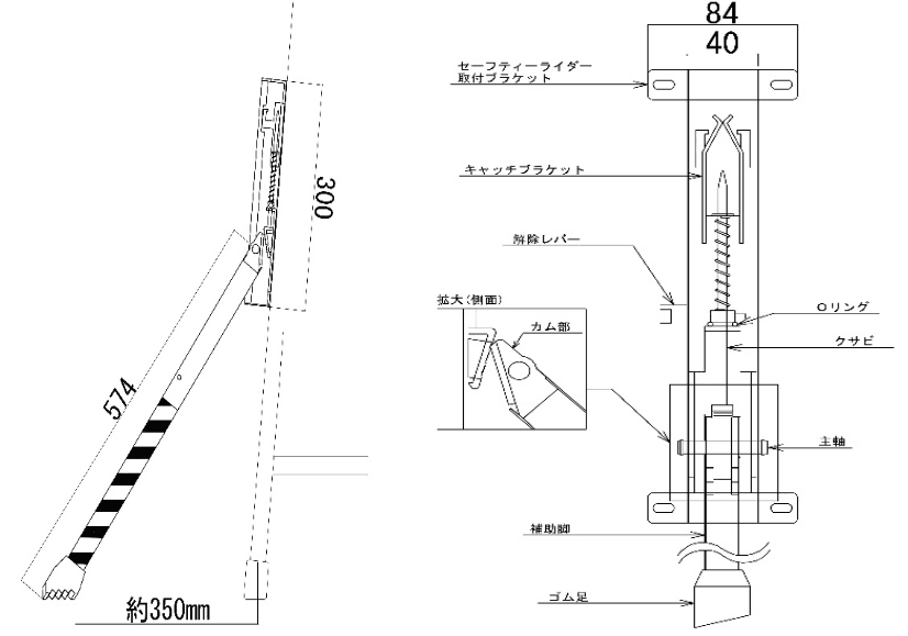 セーフティーライダーの側面寸法図と各部名称・構造の図解。